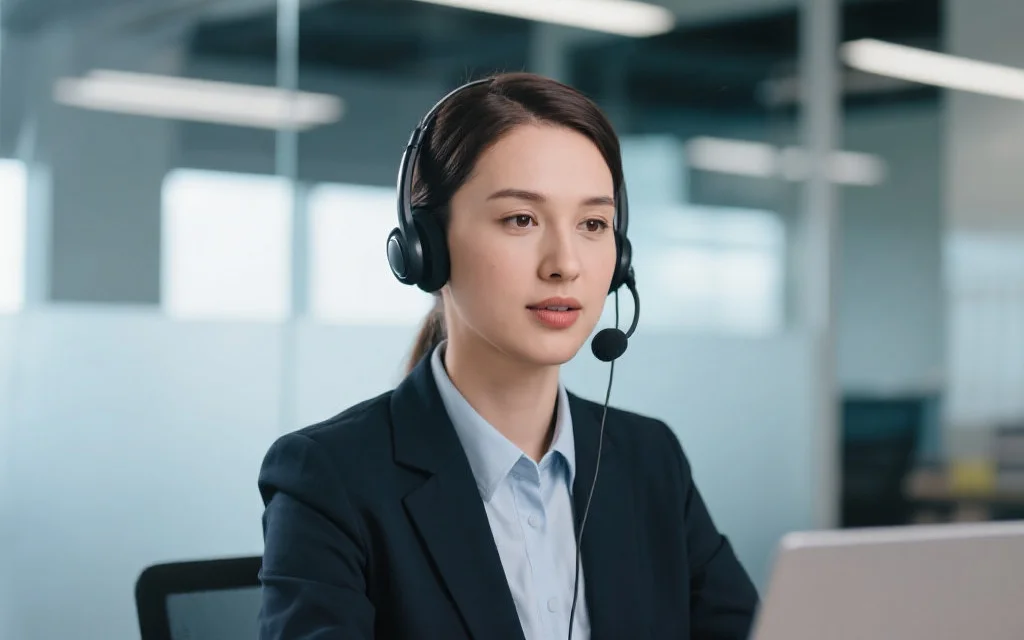 专业客服人员通过耳麦为用户远程技术支持，背景为现代化办公室